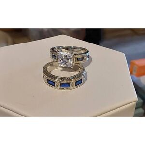 New~4 Ct. Princess/Emerald Cut Lab Sapphire & Sim Diamond Bridal Ring Set Sz 8